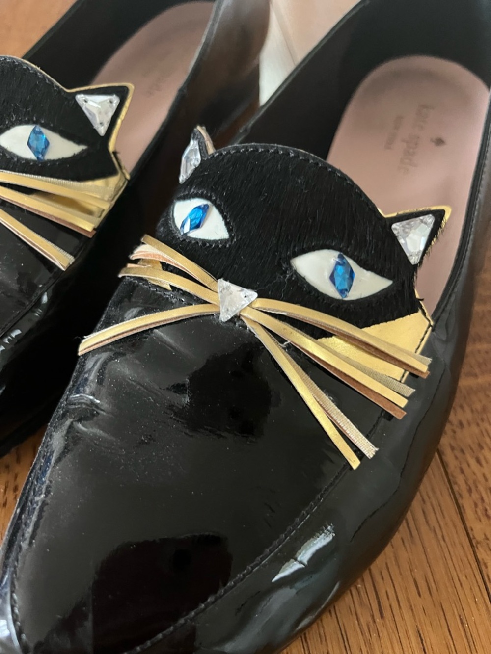 Kate Spade Black Patent Leather Cat Face Loafers with Gold Whiskers